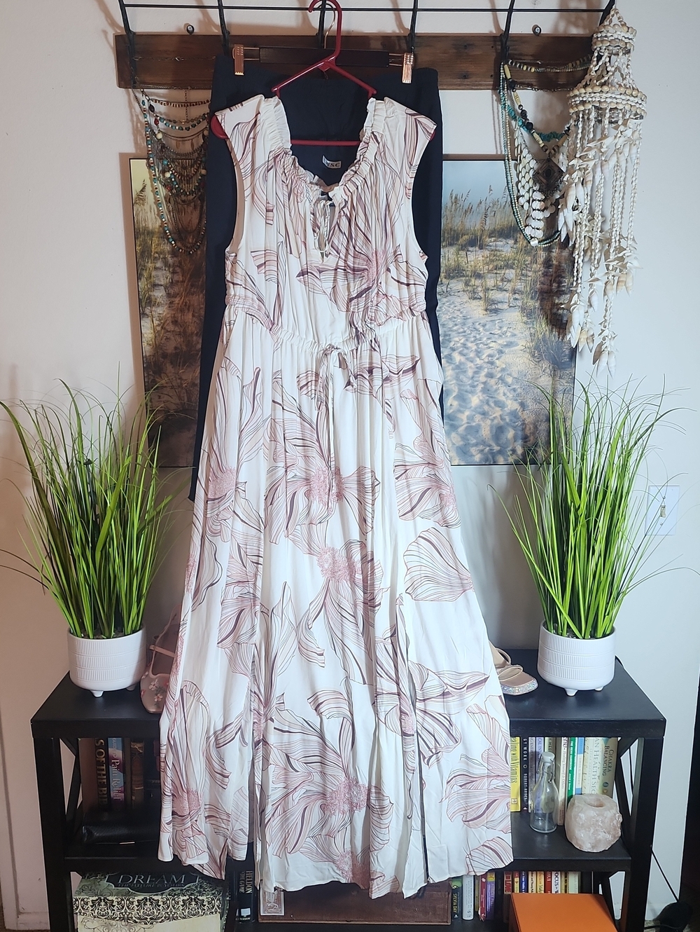 Torrid White Maxi Dress with Pink Leaf Print
